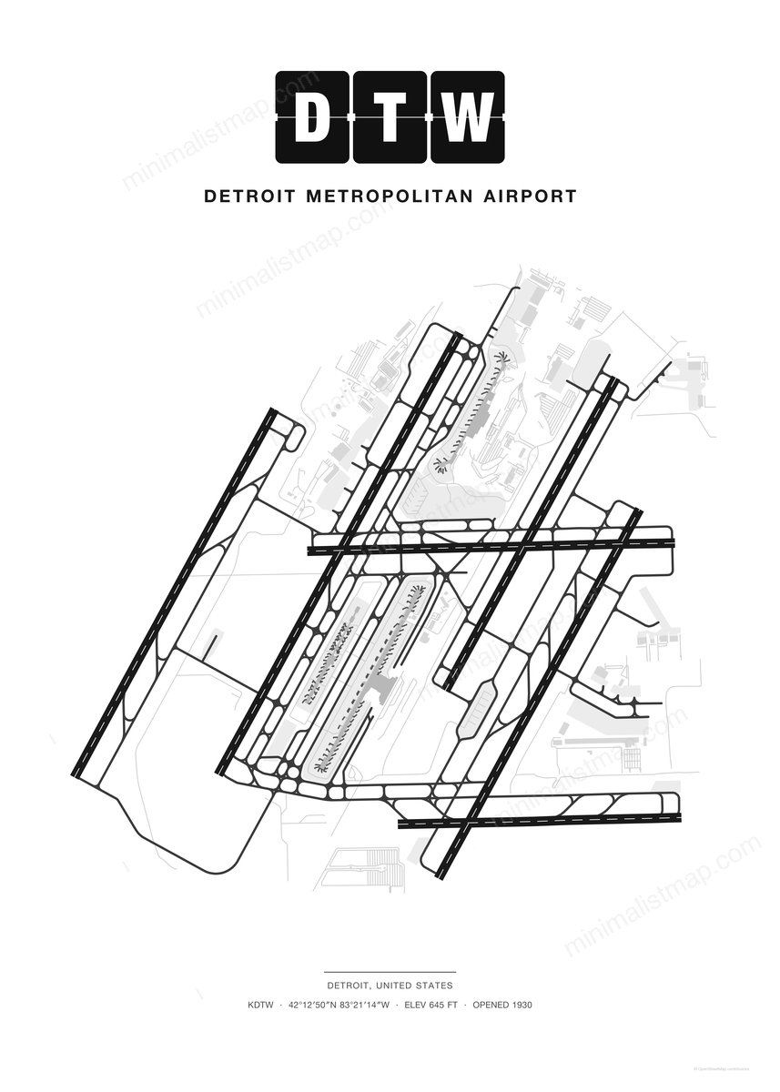 DTW Detroit Metropolitan Airport map poster, Classic style, minimalist black and white airport map