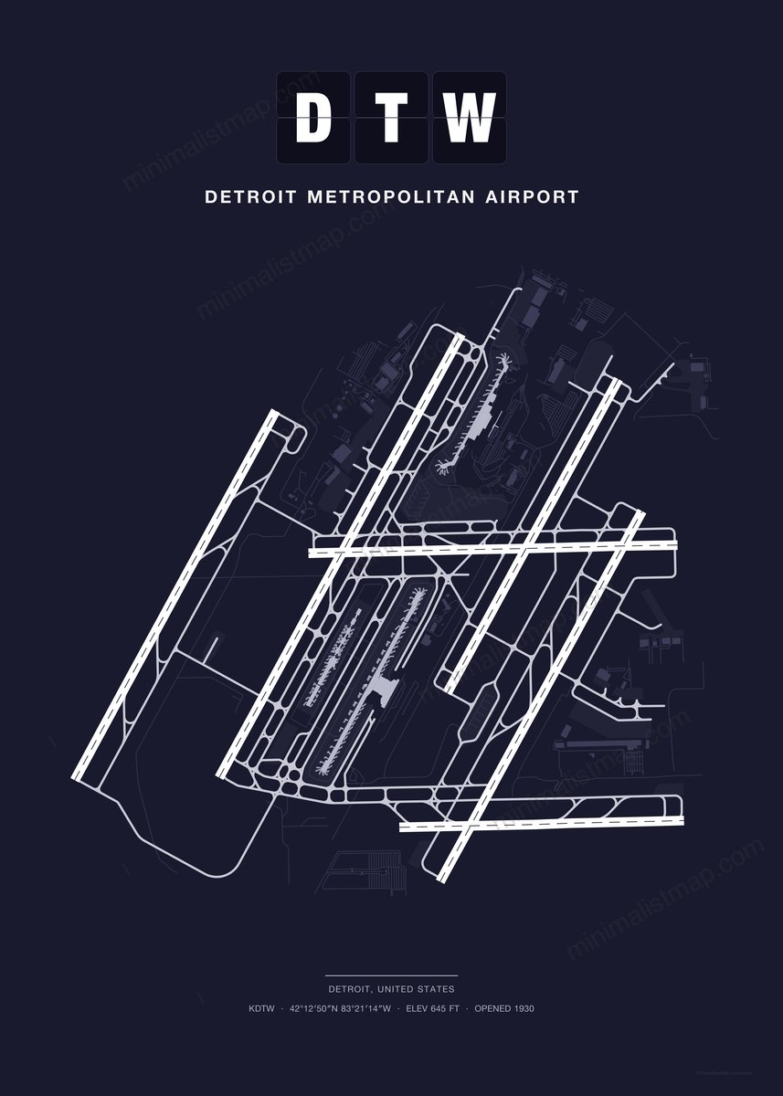 DTW Detroit Metropolitan Airport map poster, Dark style, minimalist navy airport map