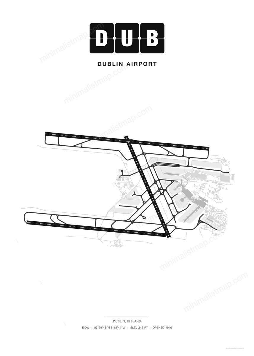 DUB Dublin Airport map poster, Classic style, minimalist black and white airport map