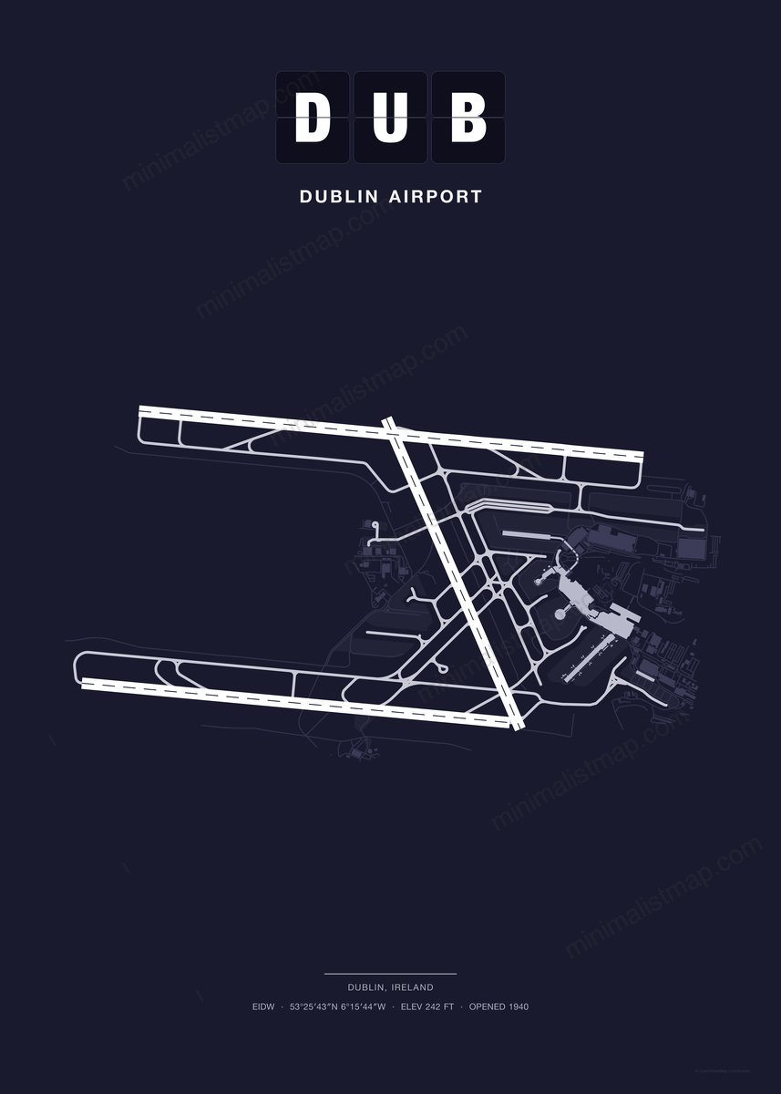 DUB Dublin Airport map poster, Dark style, minimalist navy airport map
