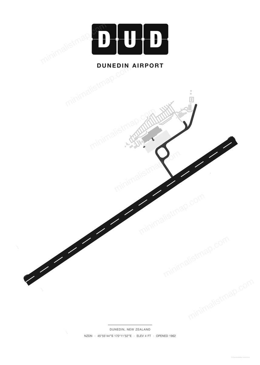 DUD Dunedin Airport map poster, Classic style, minimalist black and white airport map