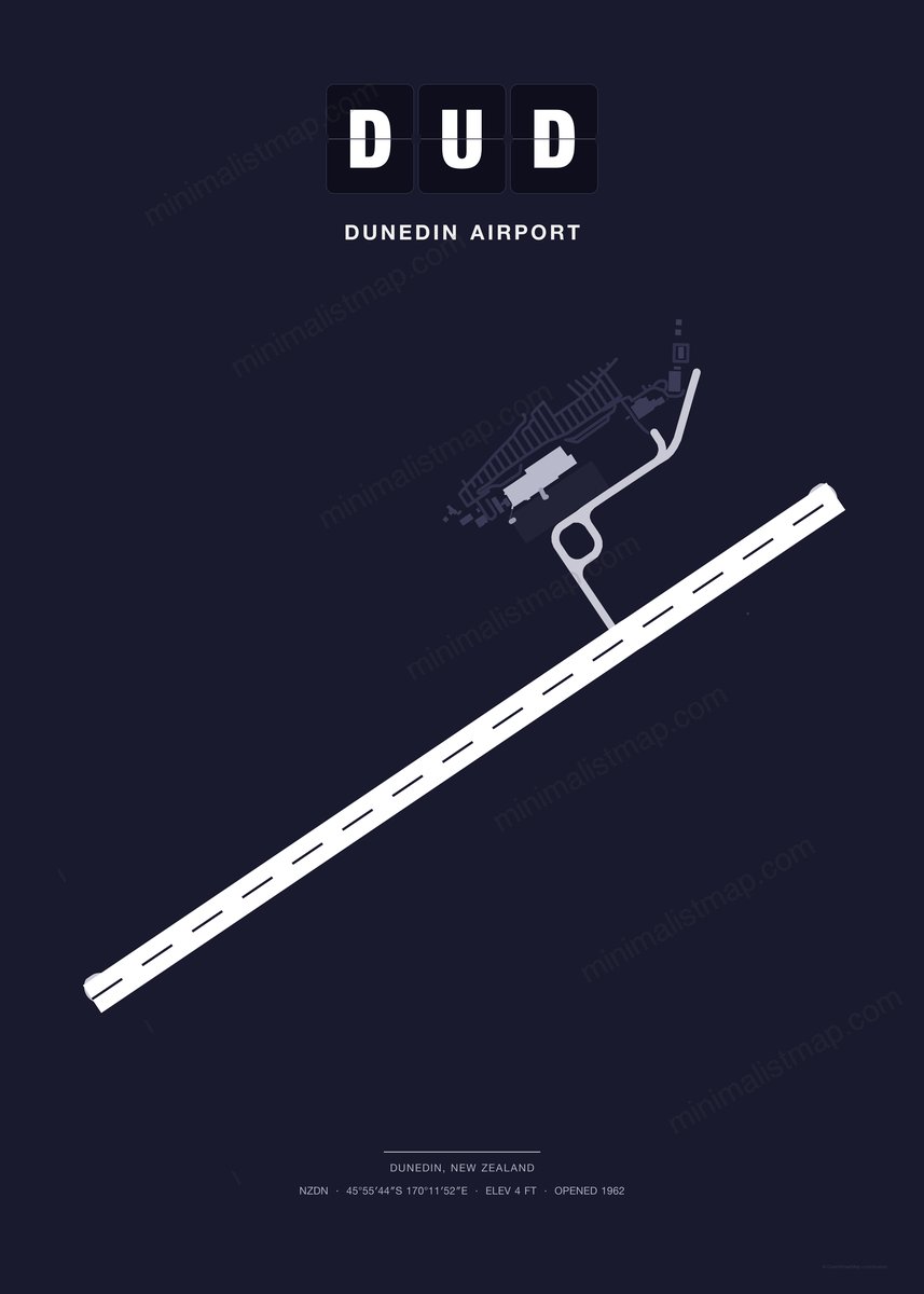 DUD Dunedin Airport map poster, Dark style, minimalist navy airport map