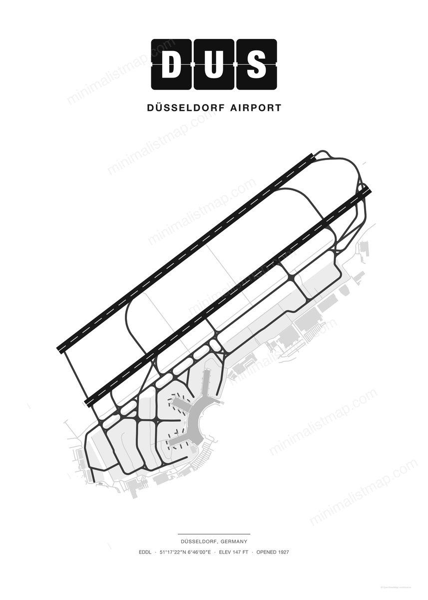 DUS Düsseldorf Airport map poster, Classic style, minimalist black and white airport map