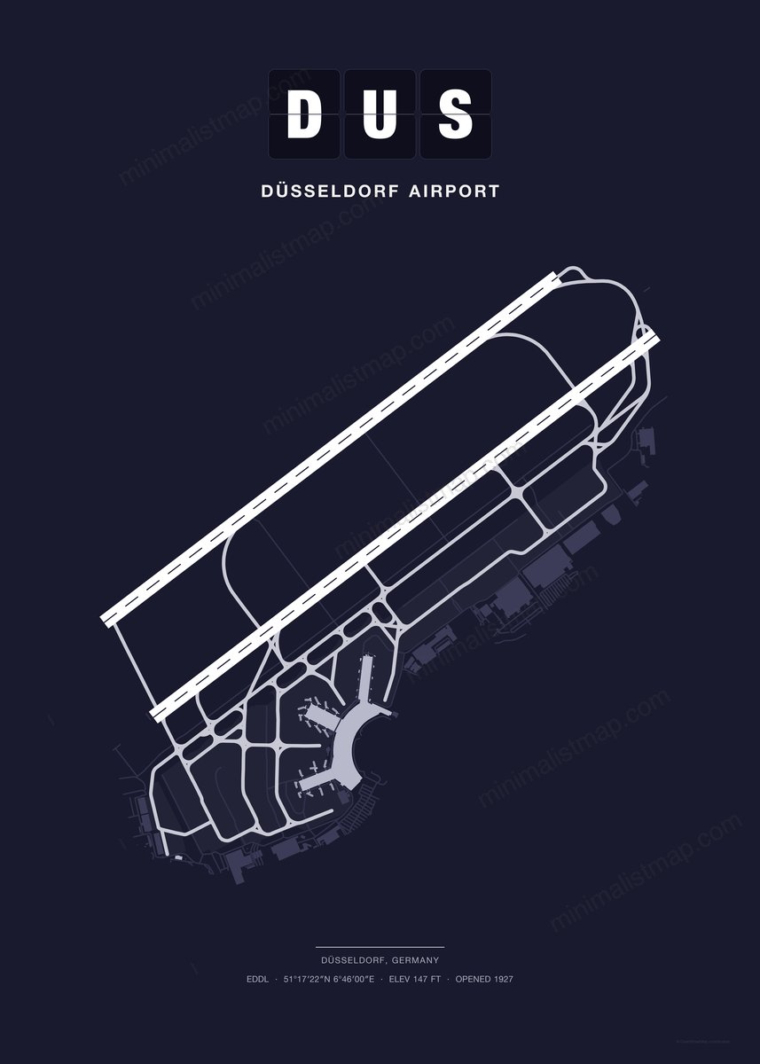DUS Düsseldorf Airport map poster, Dark style, minimalist navy airport map