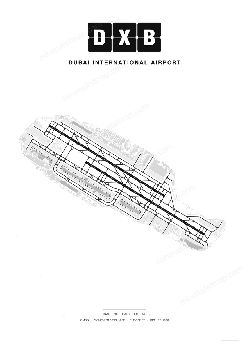DXB Dubai International Airport map poster, Classic style, minimalist black and white airport map