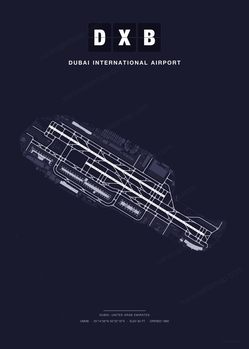 DXB Dubai International Airport map poster, Dark style, minimalist navy airport map