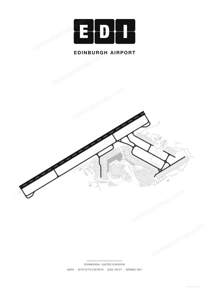 EDI Edinburgh Airport map poster, Classic style, minimalist black and white airport map
