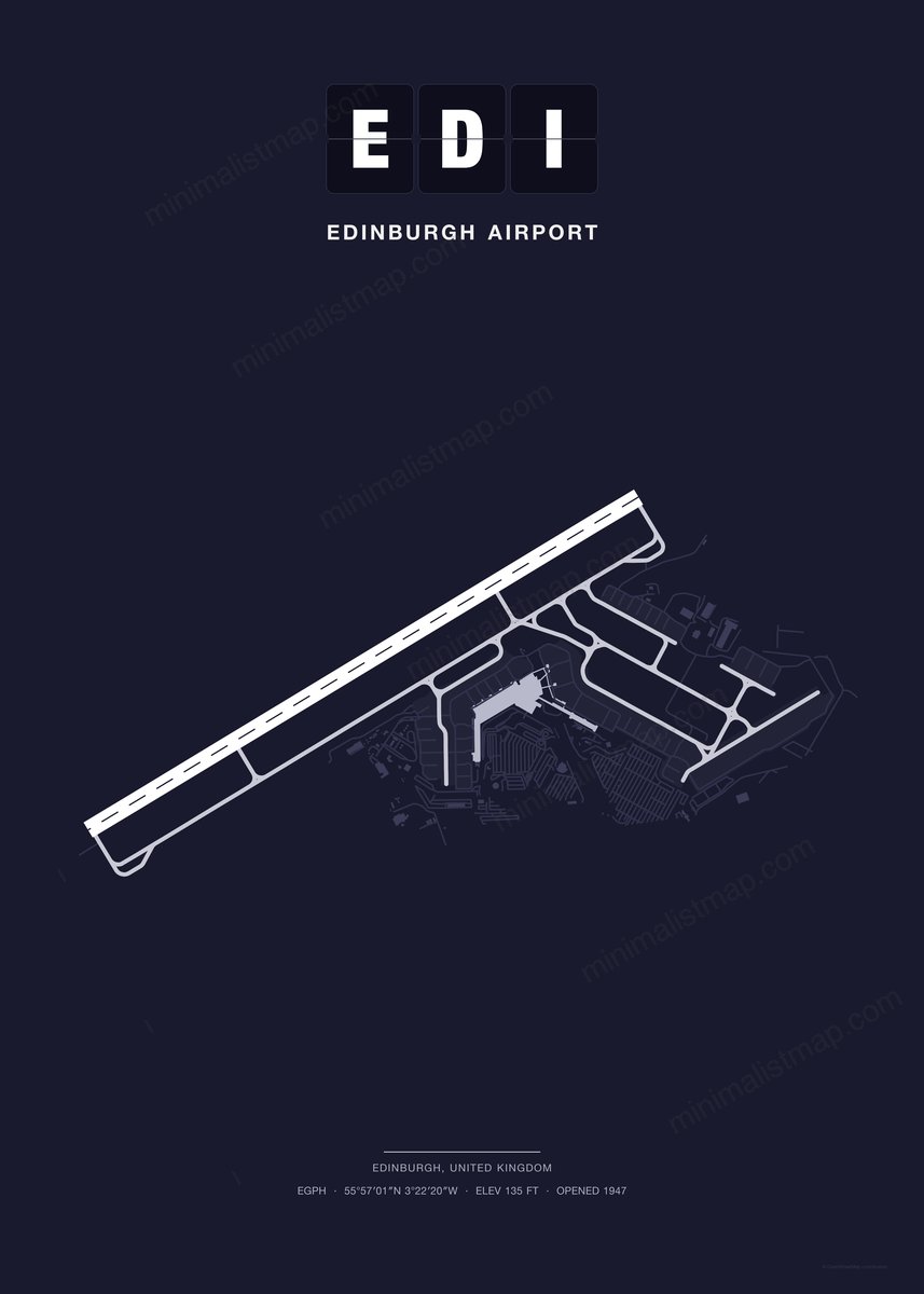 EDI Edinburgh Airport map poster, Dark style, minimalist navy airport map