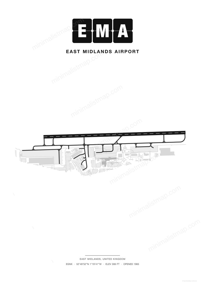 EMA East Midlands Airport map poster, Classic style, minimalist black and white airport map