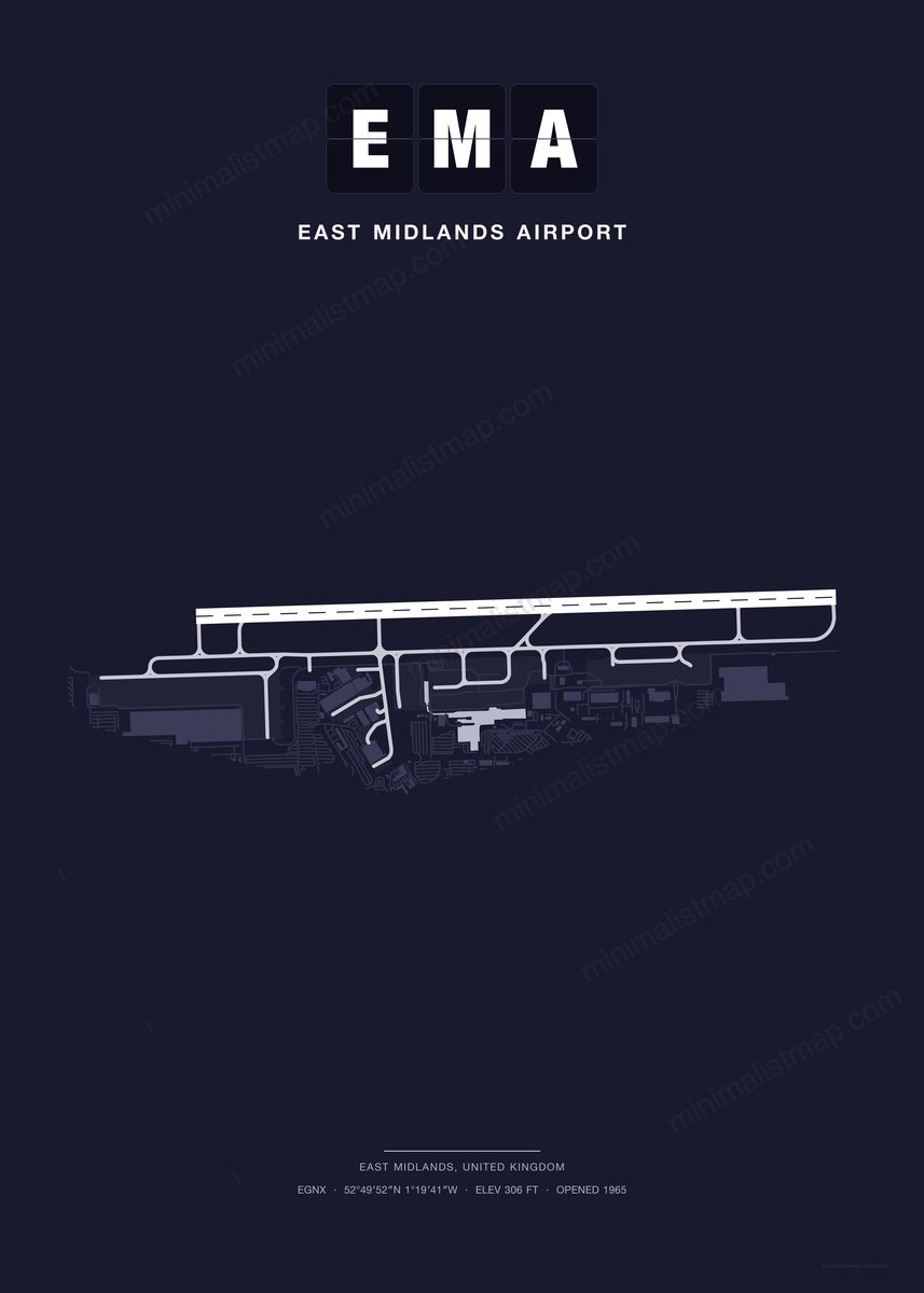 EMA East Midlands Airport map poster, Dark style, minimalist navy airport map