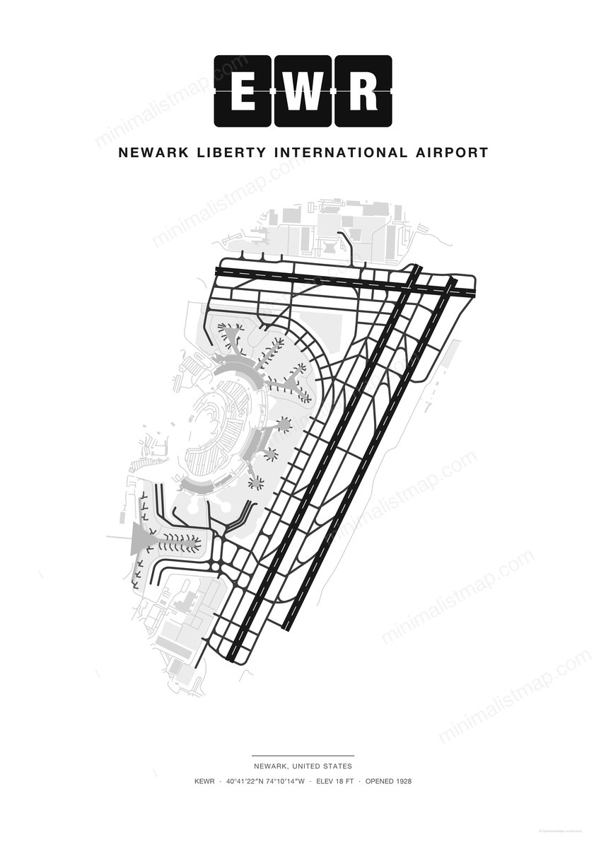EWR Newark Liberty International Airport map poster, Classic style, minimalist black and white airport map