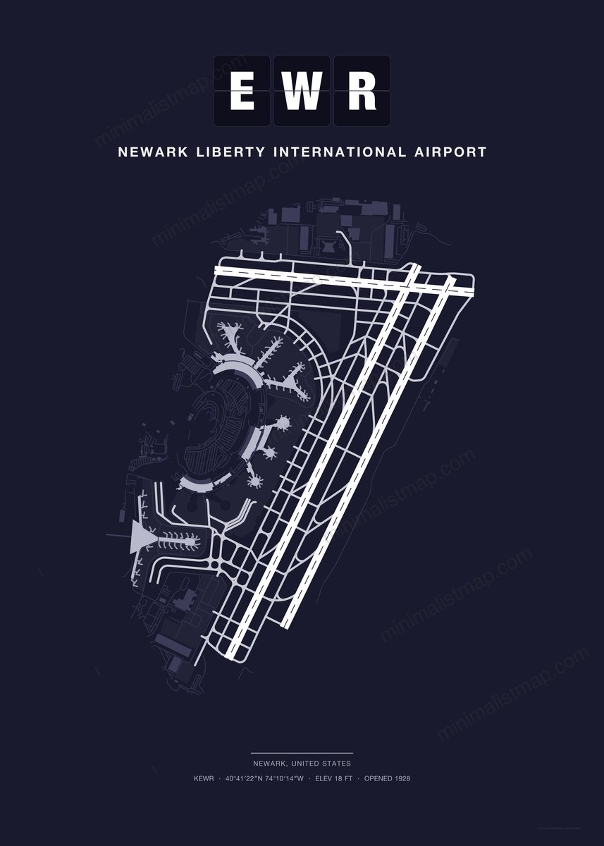 EWR Newark Liberty International Airport map poster, Dark style, minimalist navy airport map