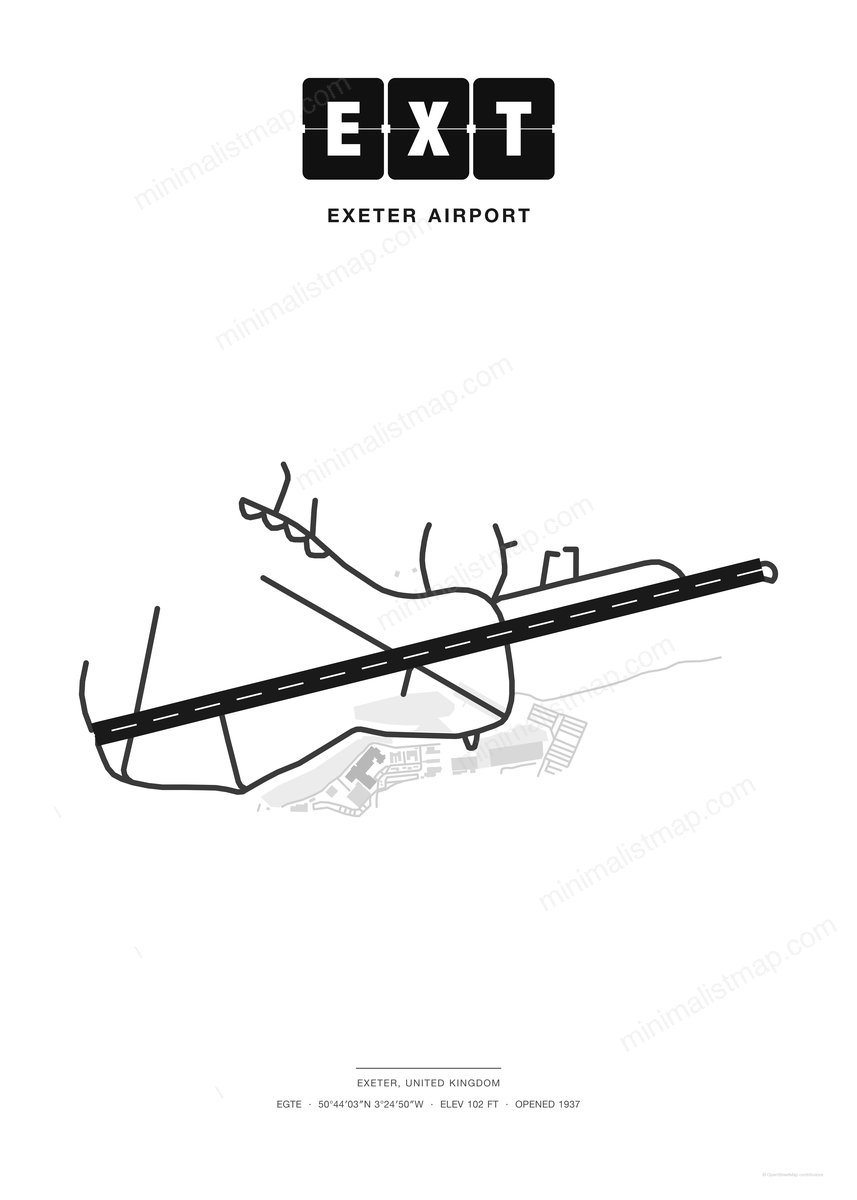 EXT Exeter Airport map poster, Classic style, minimalist black and white airport map