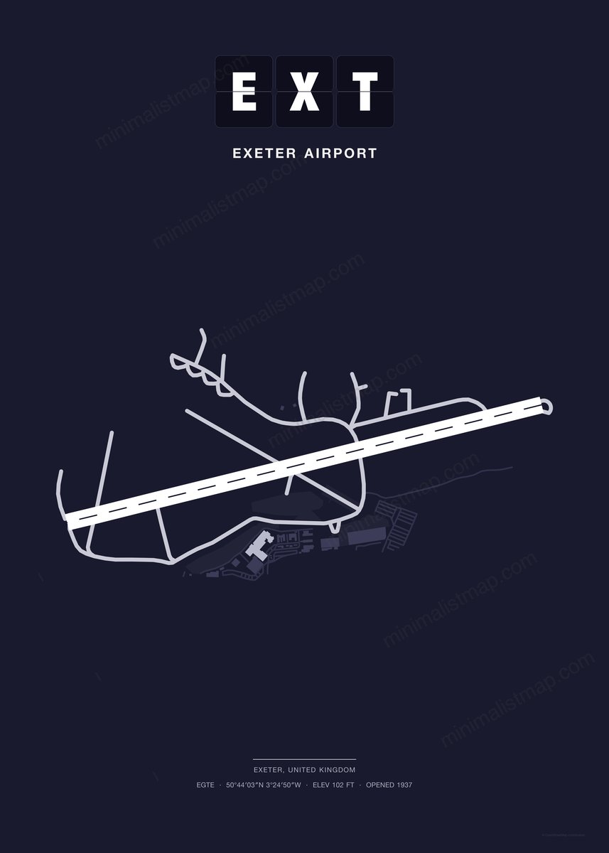 EXT Exeter Airport map poster, Dark style, minimalist navy airport map