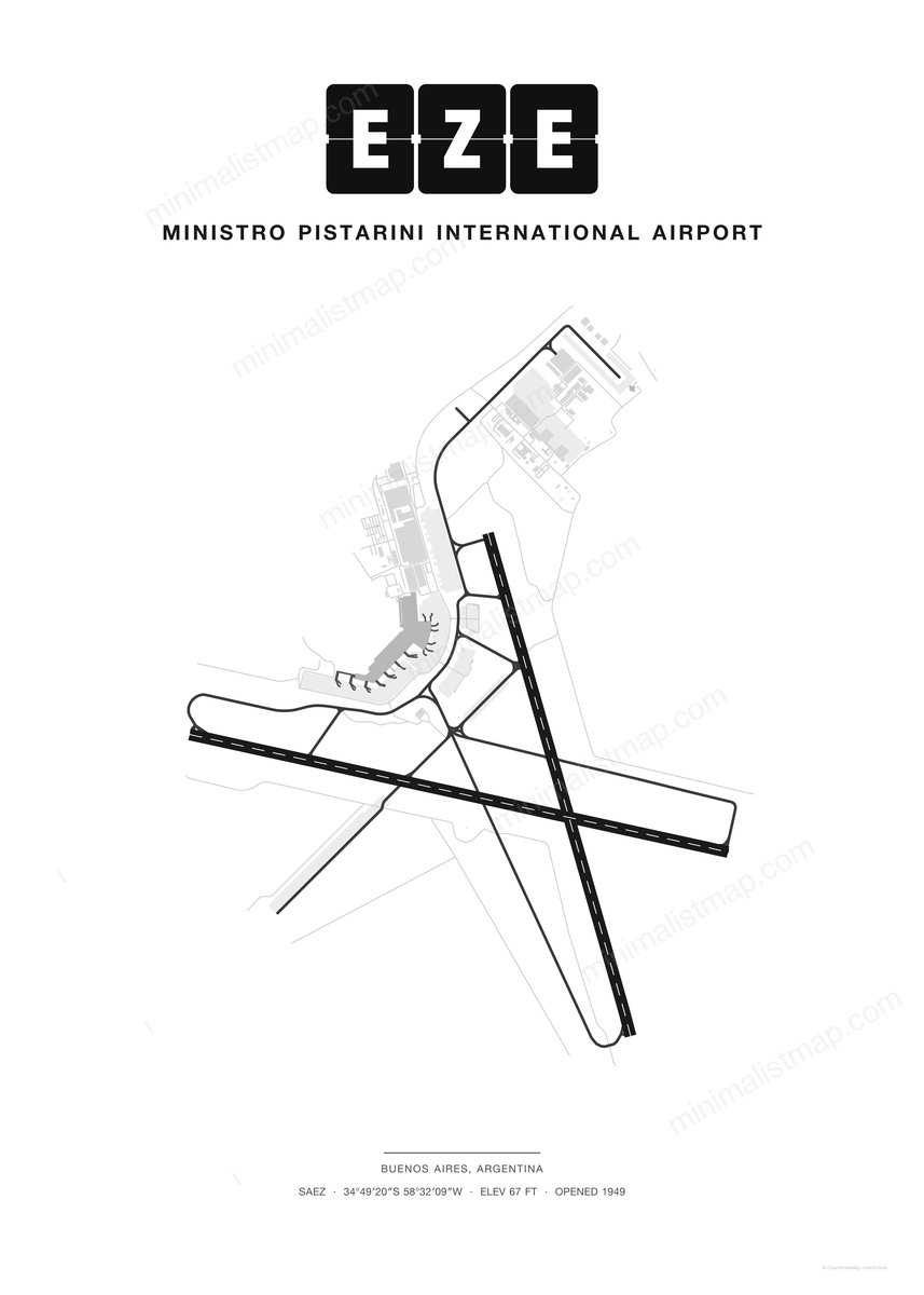 EZE Ministro Pistarini International Airport map poster, Classic style, minimalist black and white airport map