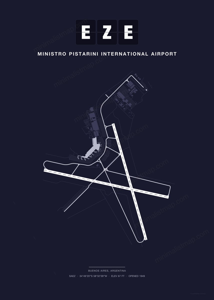 EZE Ministro Pistarini International Airport map poster, Dark style, minimalist navy airport map