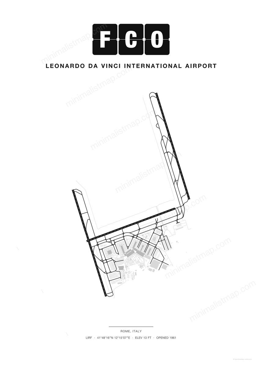 FCO Leonardo da Vinci International Airport map poster, Classic style, minimalist black and white airport map