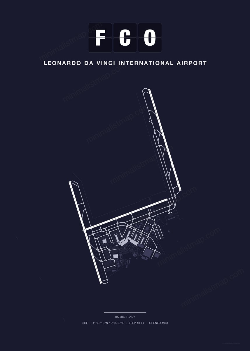 FCO Leonardo da Vinci International Airport map poster, Dark style, minimalist navy airport map