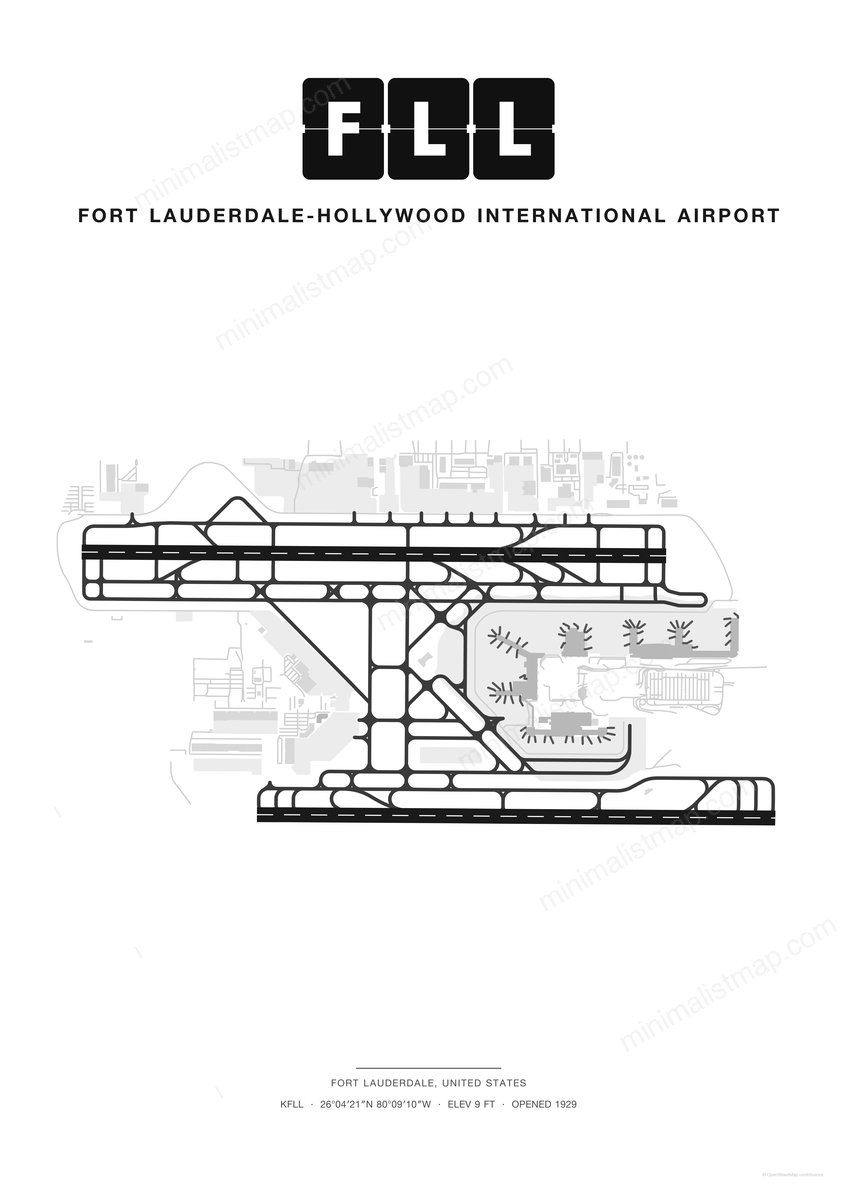 FLL Fort Lauderdale-Hollywood International Airport map poster, Classic style, minimalist black and white airport map
