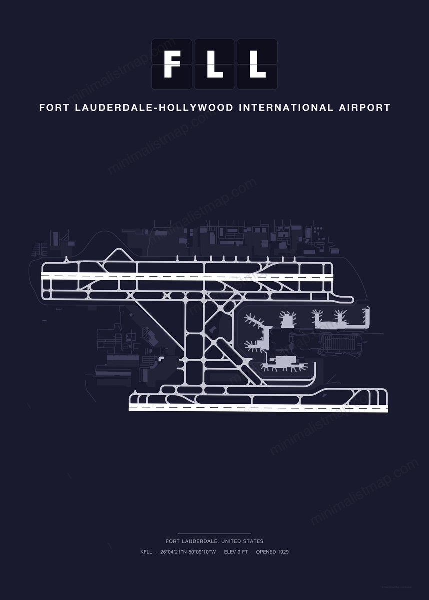FLL Fort Lauderdale-Hollywood International Airport map poster, Dark style, minimalist navy airport map