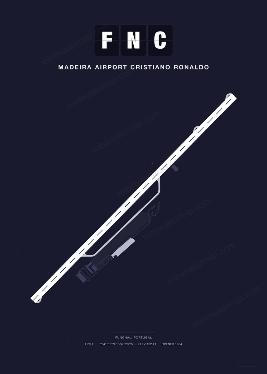 FNC Madeira Airport Cristiano Ronaldo map poster, Dark style, minimalist navy airport map