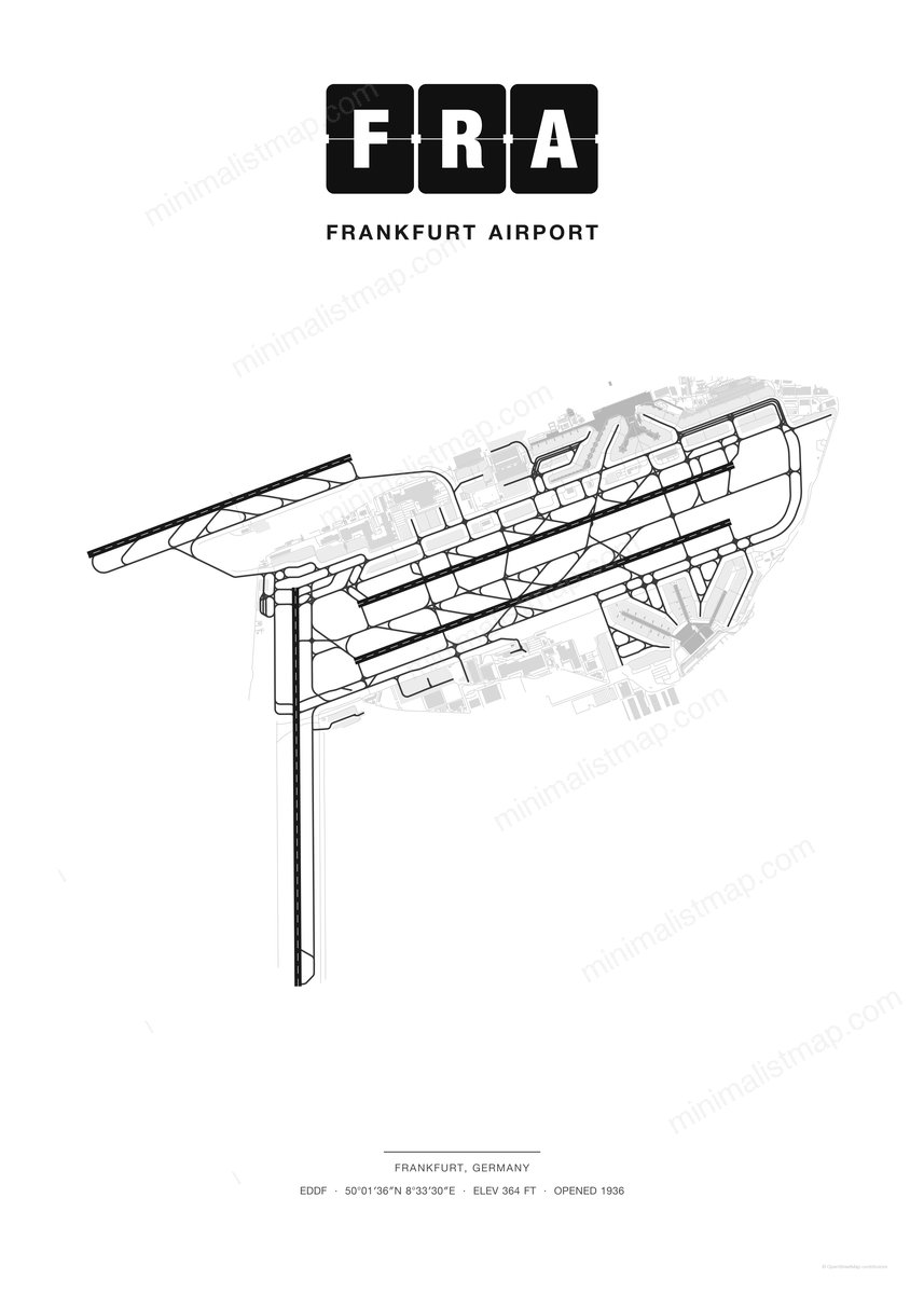 FRA Frankfurt Airport map poster, Classic style, minimalist black and white airport map