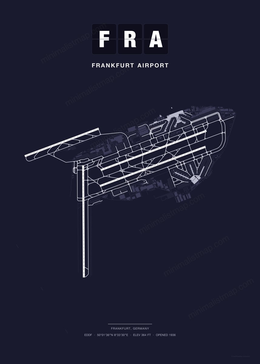FRA Frankfurt Airport map poster, Dark style, minimalist navy airport map