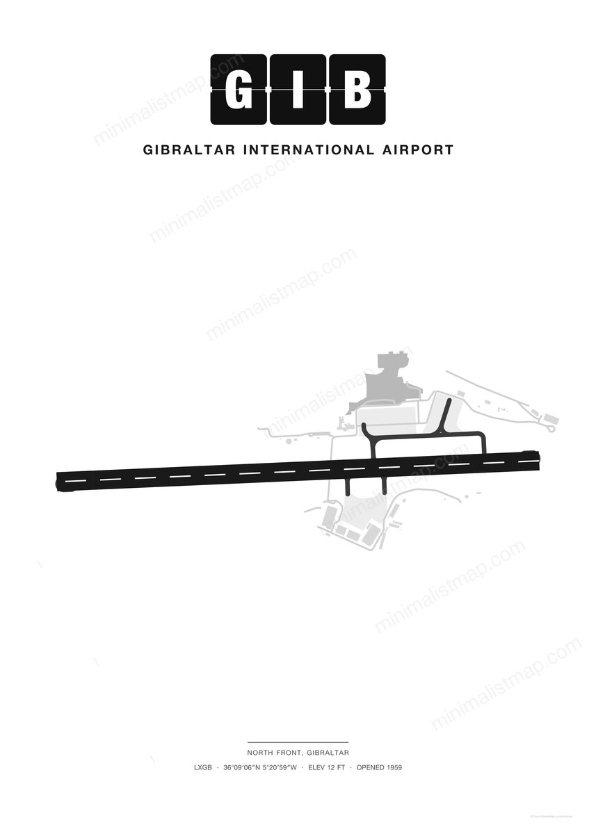 GIB Gibraltar International Airport map poster, Classic style, minimalist black and white airport map