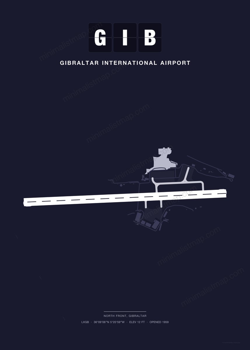 GIB Gibraltar International Airport map poster, Dark style, minimalist navy airport map