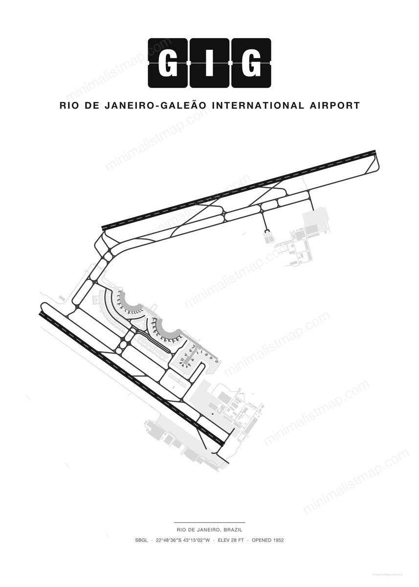 GIG Rio de Janeiro-Galeão International Airport map poster, Classic style, minimalist black and white airport map