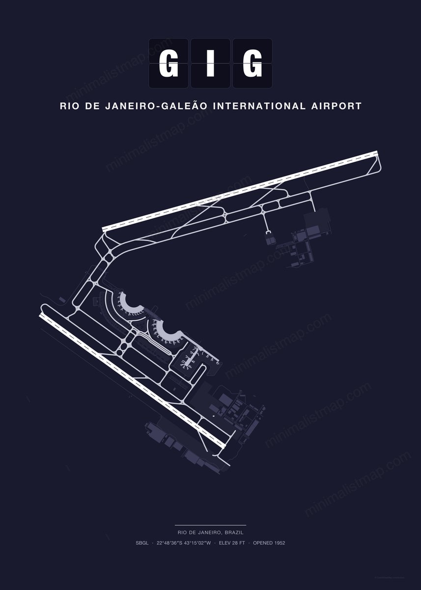 GIG Rio de Janeiro-Galeão International Airport map poster, Dark style, minimalist navy airport map