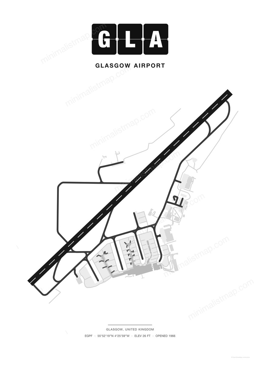 GLA Glasgow Airport map poster, Classic style, minimalist black and white airport map