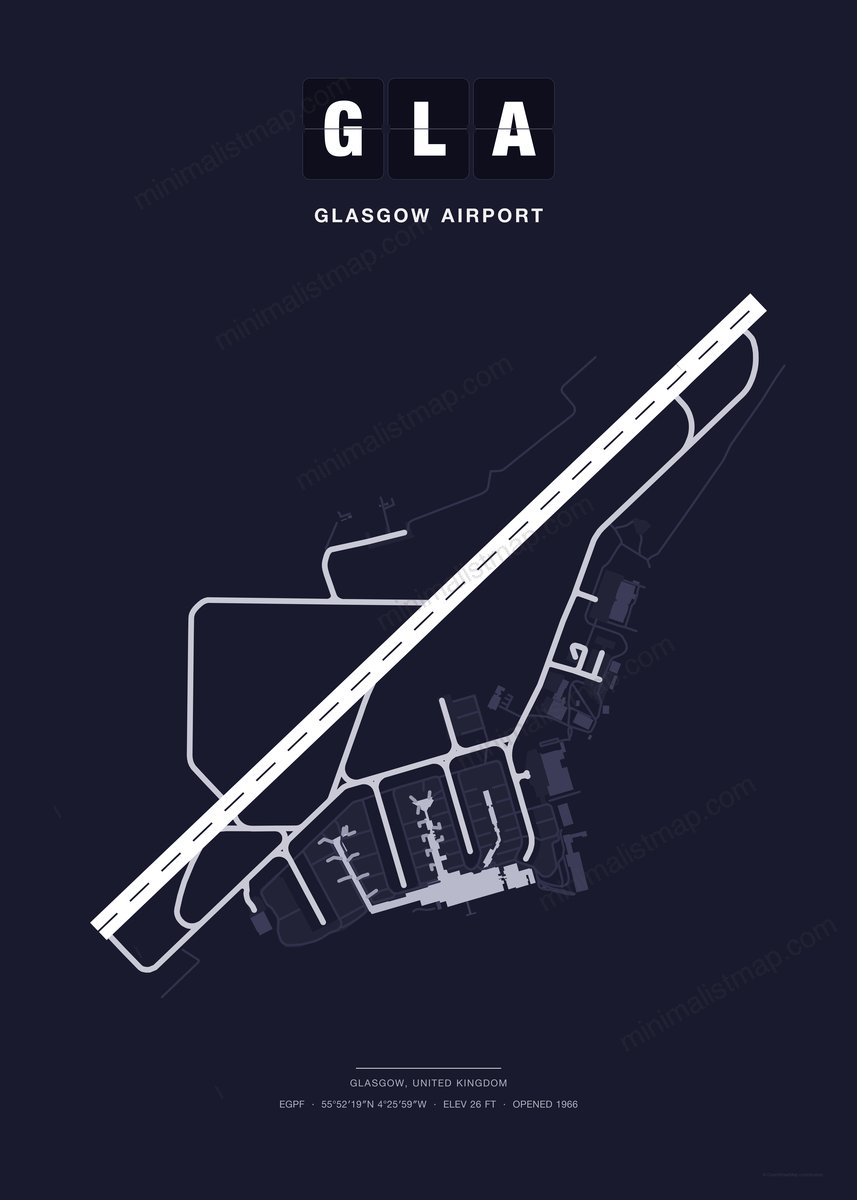GLA Glasgow Airport map poster, Dark style, minimalist navy airport map
