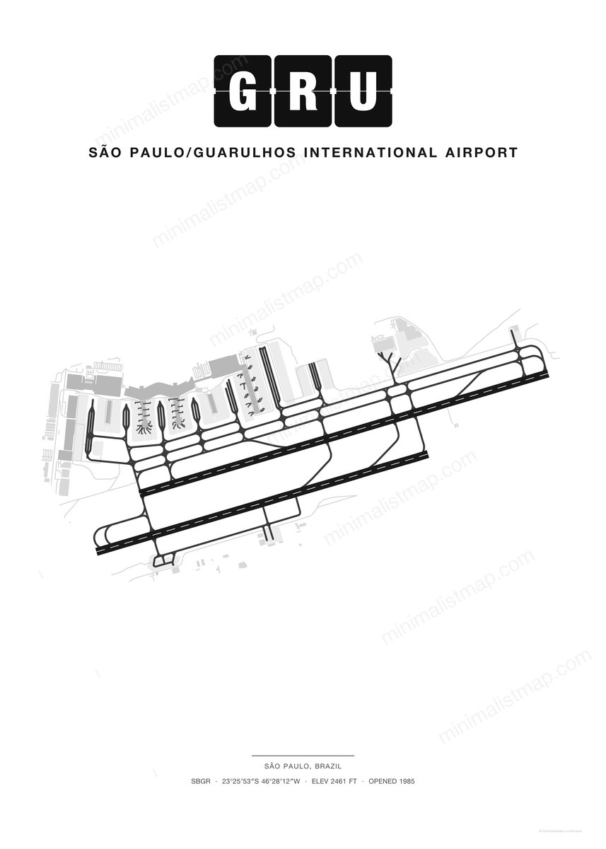 GRU São Paulo/Guarulhos International Airport map poster, Classic style, minimalist black and white airport map