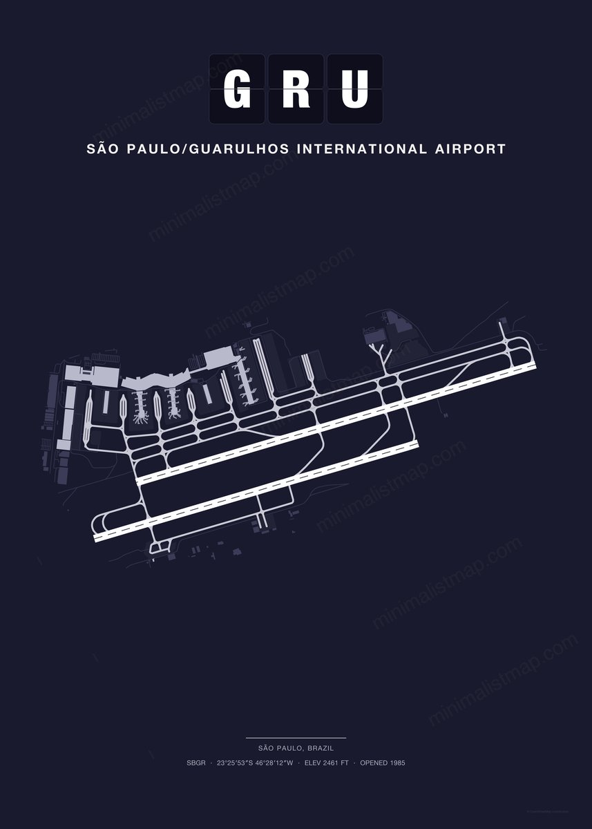 GRU São Paulo/Guarulhos International Airport map poster, Dark style, minimalist navy airport map