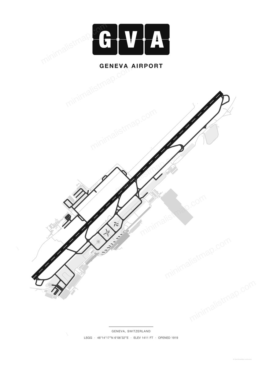 GVA Geneva Airport map poster, Classic style, minimalist black and white airport map
