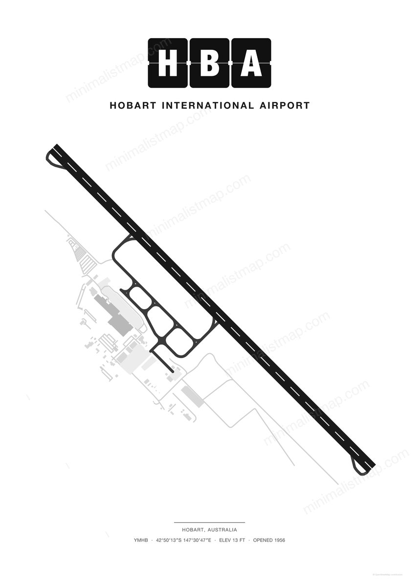 HBA Hobart International Airport map poster, Classic style, minimalist black and white airport map