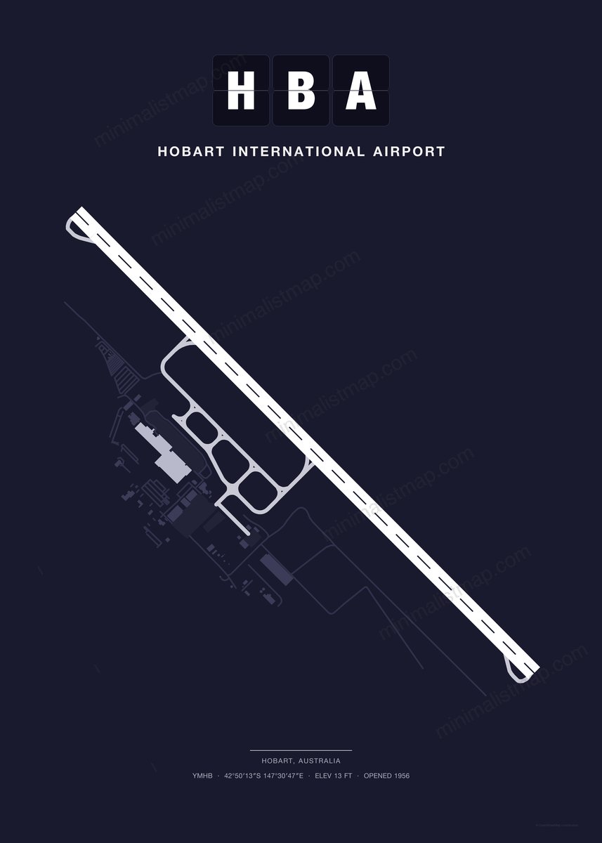 HBA Hobart International Airport map poster, Dark style, minimalist navy airport map