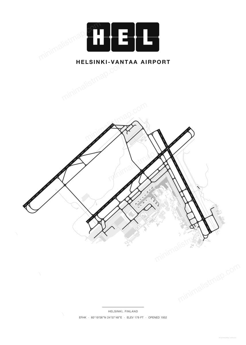 HEL Helsinki-Vantaa Airport map poster, Classic style, minimalist black and white airport map