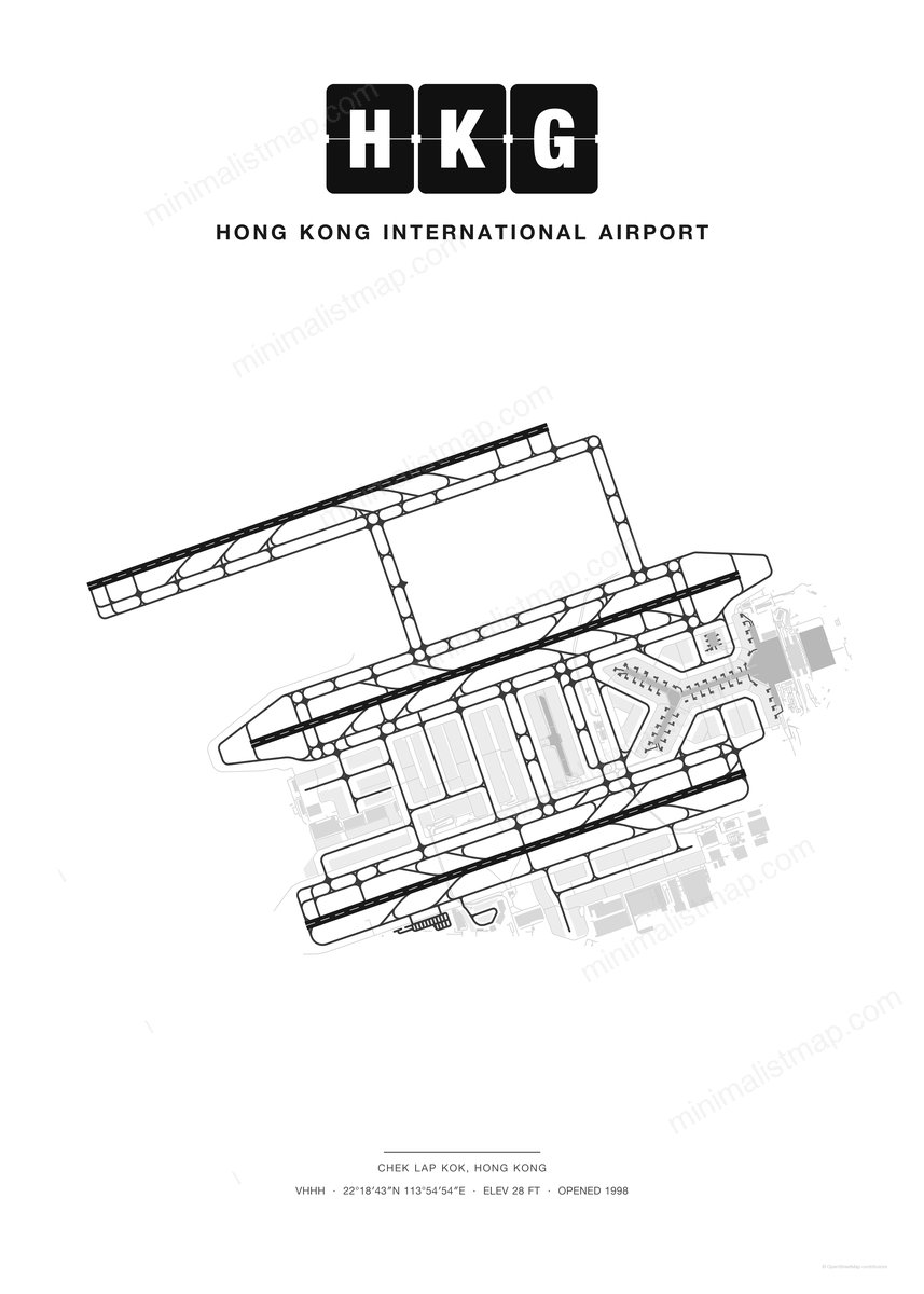 HKG Hong Kong International Airport map poster, Classic style, minimalist black and white airport map
