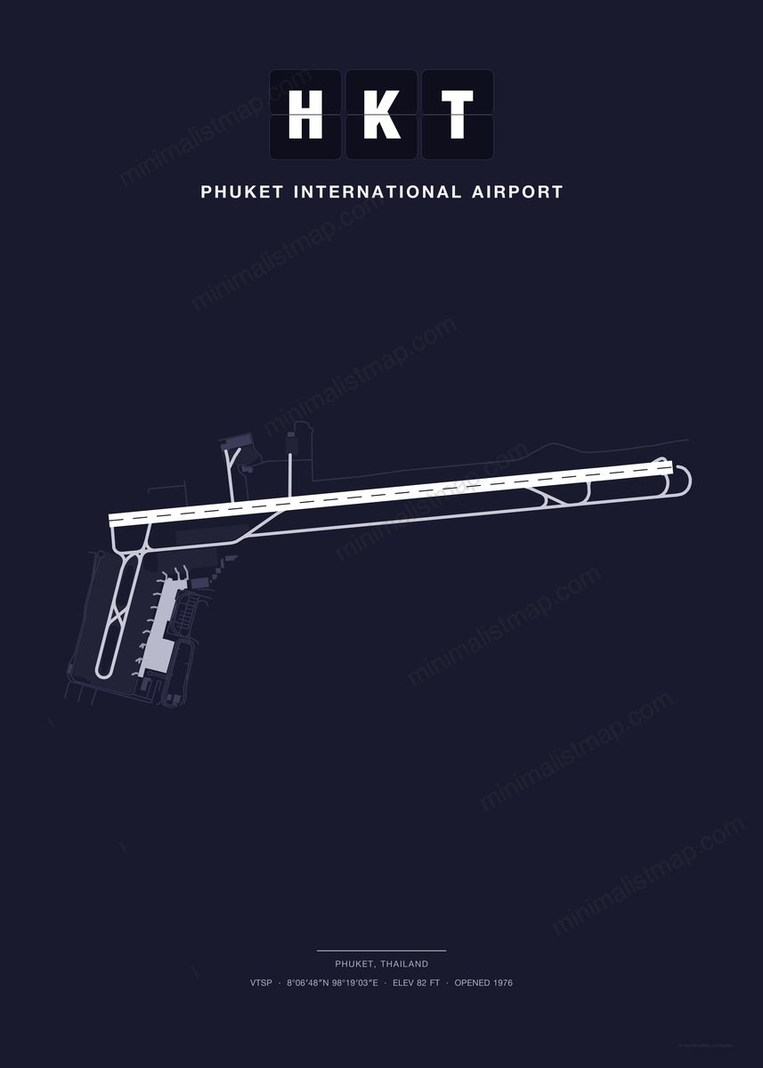HKT Phuket International Airport map poster, Dark style, minimalist navy airport map
