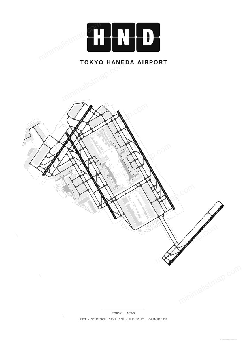 HND Tokyo Haneda Airport map poster, Classic style, minimalist black and white airport map