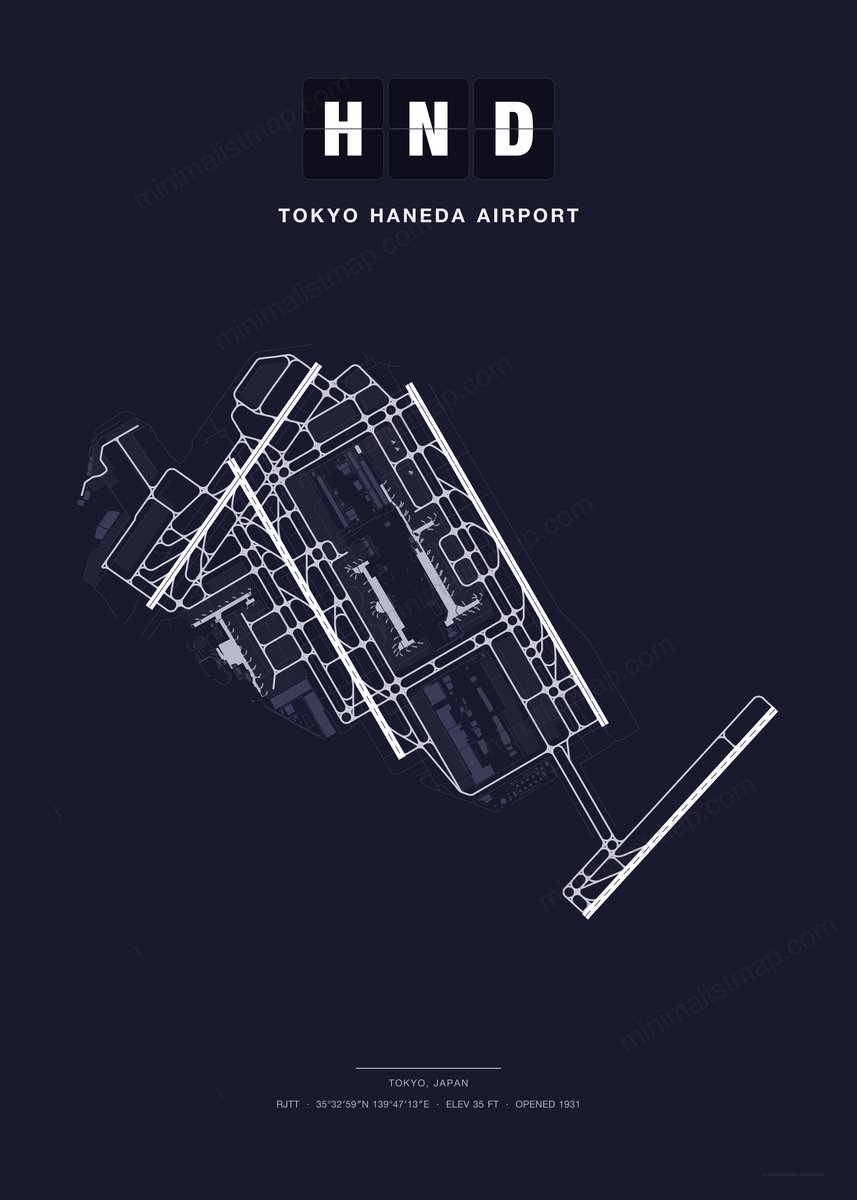 HND Tokyo Haneda Airport map poster, Dark style, minimalist navy airport map