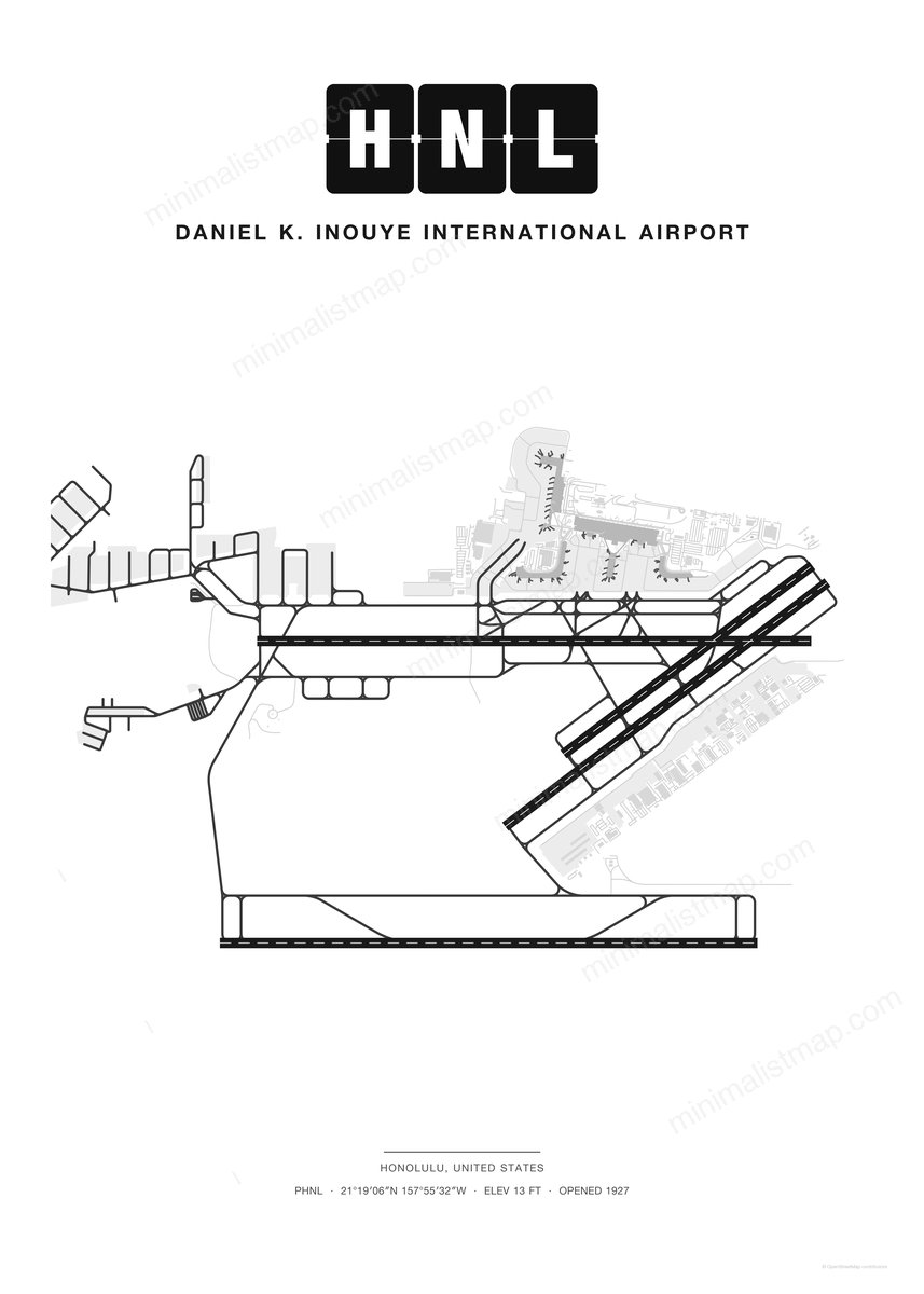 HNL Daniel K. Inouye International Airport map poster, Classic style, minimalist black and white airport map