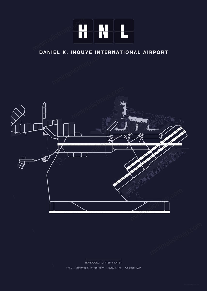 HNL Daniel K. Inouye International Airport map poster, Dark style, minimalist navy airport map