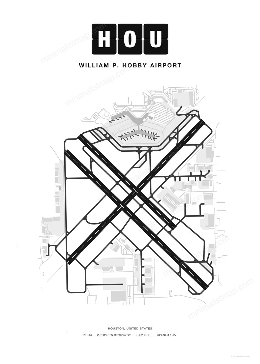 HOU William P. Hobby Airport map poster, Classic style, minimalist black and white airport map
