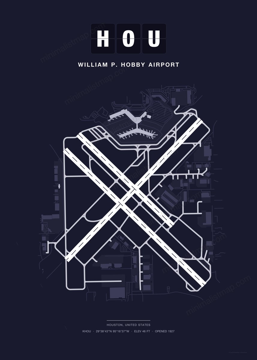 HOU William P. Hobby Airport map poster, Dark style, minimalist navy airport map