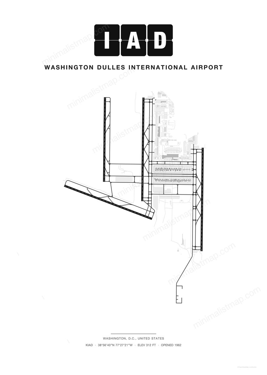 IAD Washington Dulles International Airport map poster, Classic style, minimalist black and white airport map