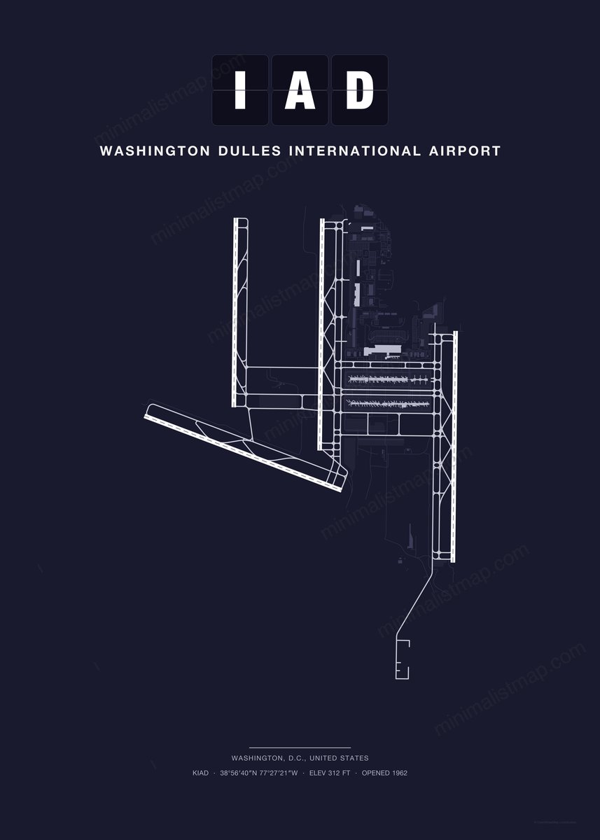 IAD Washington Dulles International Airport map poster, Dark style, minimalist navy airport map
