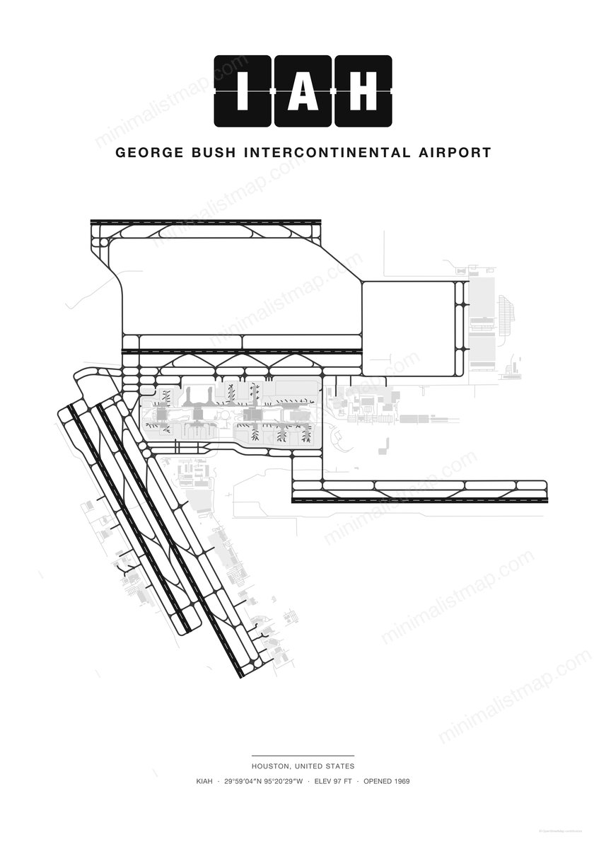 IAH George Bush Intercontinental Airport map poster, Classic style, minimalist black and white airport map